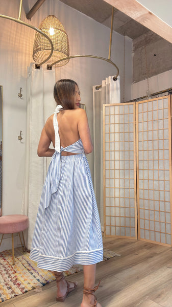 Sardinia sundress halter in baby blue stripes