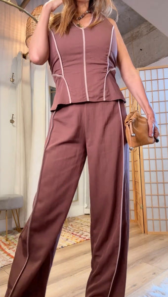 Delphine Chocolate Piped Pant Set