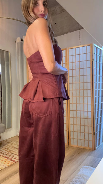 Fadia Wine Suede-Feel Peplum Pant Set