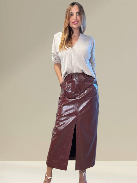 Aurora's Luxe Leather Maxi Skirt in Burgundy"