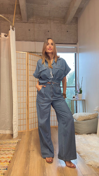 City Breeze: Light Denim Short Sleeve & Loose Fit pants  , set