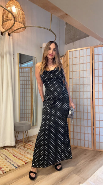 Evelina Polka Dot Strappy Dress – Silky Low-Back Special Event Look