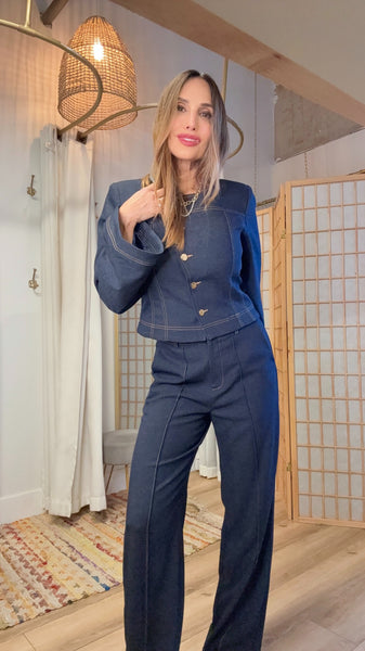 Maelis Dark-Light Denim Straight Pants & Cropped Gold-Button Jacket Set