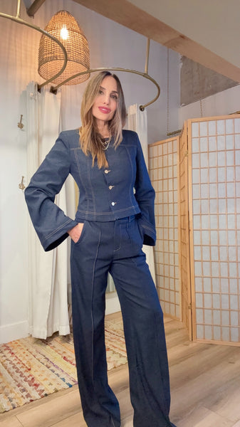 Maelis Dark-Light Denim Straight Pants & Cropped Gold-Button Jacket Set