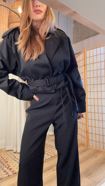 “Petra Cropped Trench – Black Belted Waist Jacket