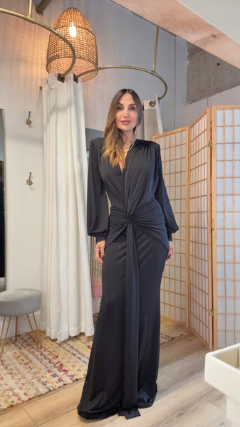 Osaka Maxi Dress — Black Draped Long Sleeve Dress
