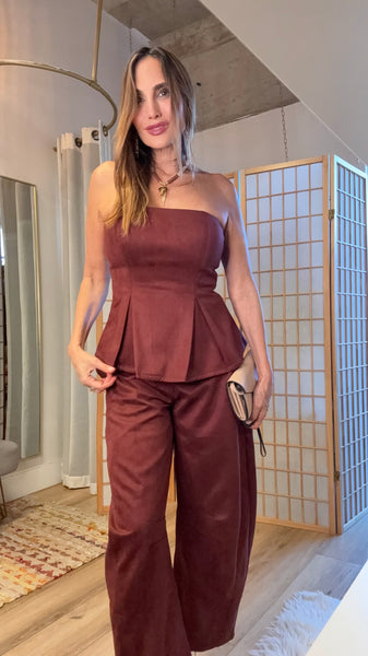 Fadia Wine Suede-Feel Peplum Pant Set