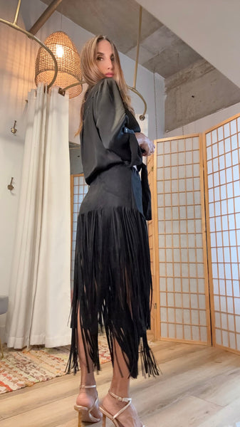 Agus Vegan Suede Fringe Midi Skirt