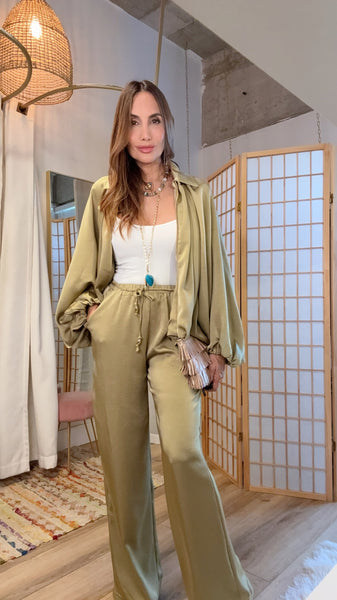 Olive Satin Wide Leg Pants & Draped Jacket Set