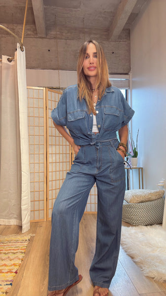 City Breeze: Light Denim Short Sleeve & Loose Fit pants  , set