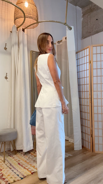 Isabella White Structured Peplum Top & Straight Leg Pants Set | Green Grass Style