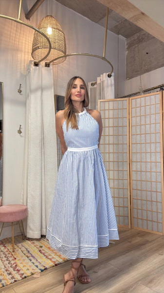 Sardinia sundress halter in baby blue stripes