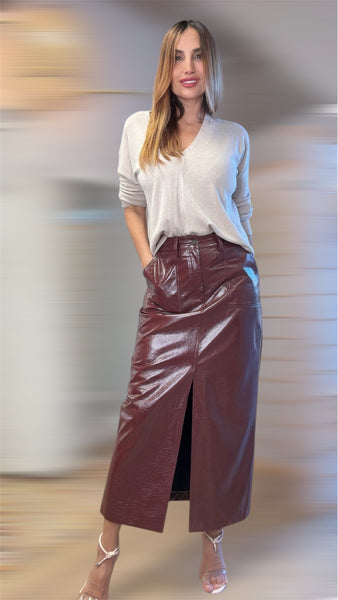 Aurora's Luxe Leather Maxi Skirt in Burgundy"