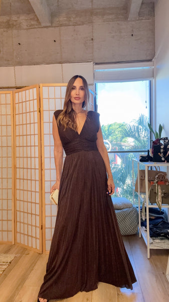 The Aelira Iridescent Plissé Maxi” – V-Neck Knit Dress with Shoulder Pads