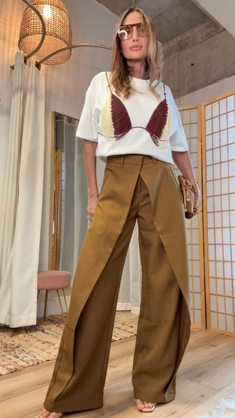 Renata Tobacco Overlay Wide-Leg Pants