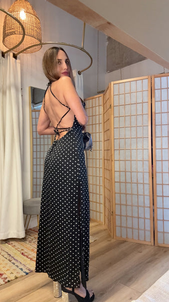Evelina Polka Dot Strappy Dress – Silky Low-Back Special Event Look