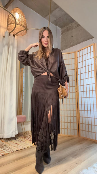 Agus Vegan Suede Fringe Midi Skirt