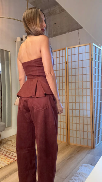 Fadia Wine Suede-Feel Peplum Pant Set