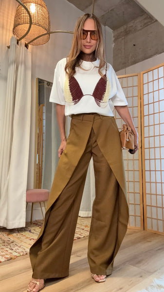 Renata Tobacco Overlay Wide-Leg Pants