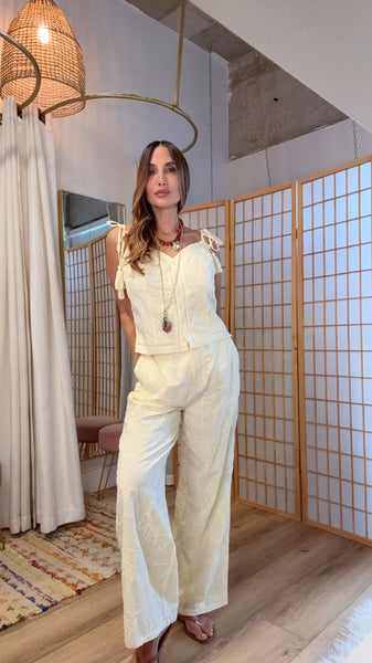 Butter Yellow Embroidered Strapless Top & Wide Leg Pants