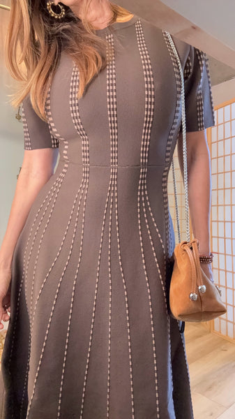 “Corina Knit Dress – Brown & Caramel Contrast Elegance