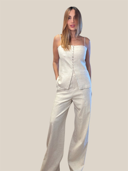 Luna's Linen Dreams: Neutral Strappy Top & Pants Set"