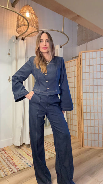 Maelis Dark-Light Denim Straight Pants & Cropped Gold-Button Jacket Set