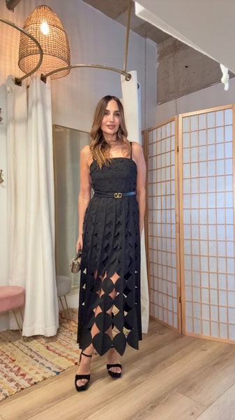 The Elara Laser Dress” – Waist-Cut Midi with Belt