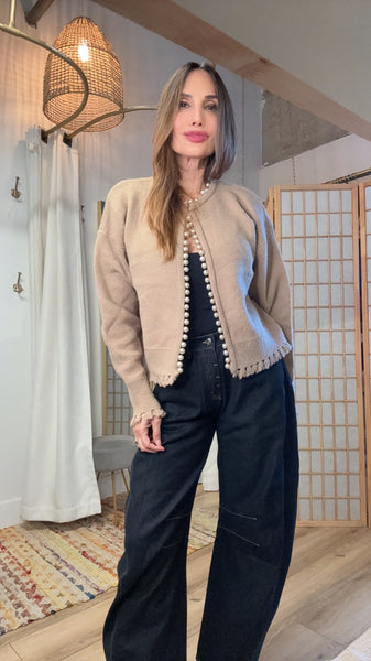 Solenne Caramel Pearl-Edged Cardigan – Lightweight Fall Knit