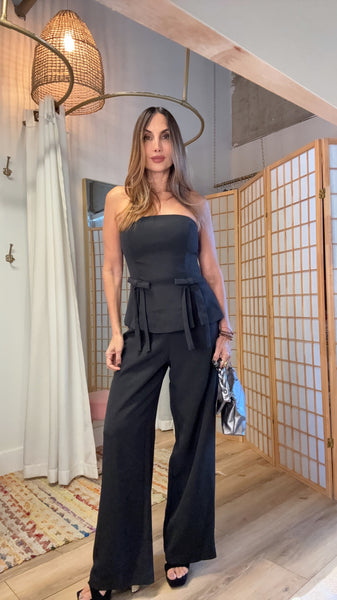 Evangeline Black Set – Strapless Ribbon Top & Loose Pants”