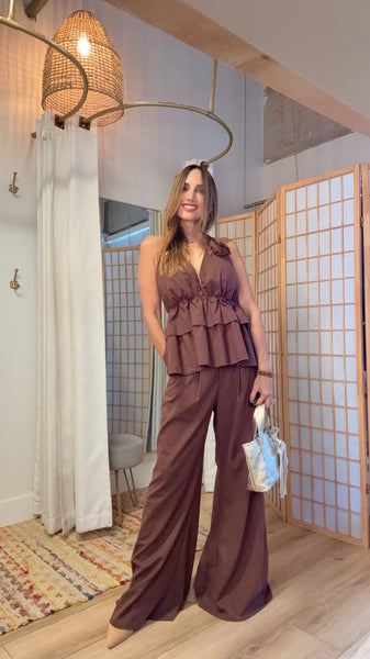 Elara Chocolate Set – Halter Peplum Top & Loose Linen-Blend Pants