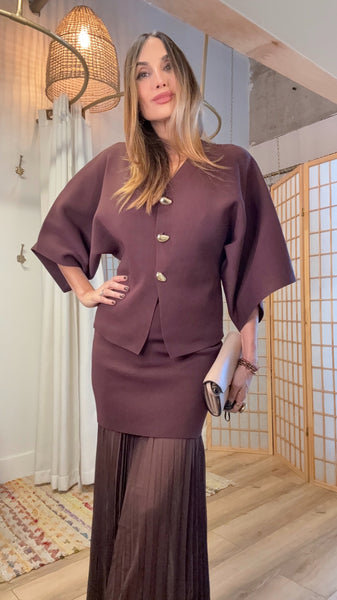 Aveline Wine color Set – Oversized Knit Kimono & Pleated Chiffon Skirt