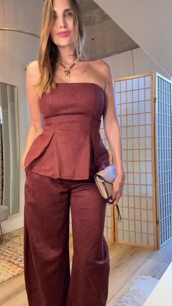 Fadia Wine Suede-Feel Peplum Pant Set
