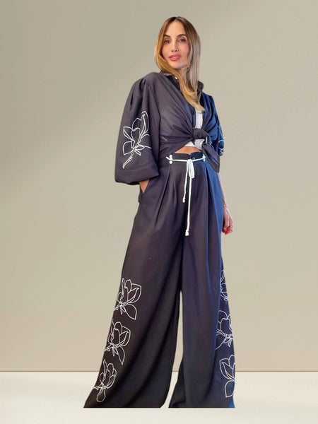 AnaPau Navy  Linen Set with Puffed Sleeves and High-Waisted Pants - Navy Blue