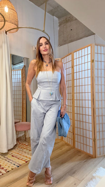 Côte Bleu Cotton Set | Powder Blue Strapless Top & Barrel Pants | Green Grass Style