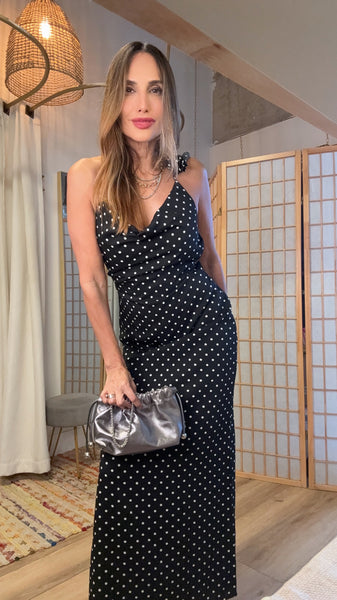 Evelina Polka Dot Strappy Dress – Silky Low-Back Special Event Look