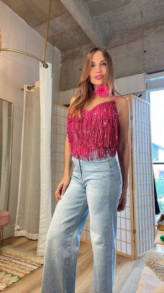 Abi sequined fringes top in pink