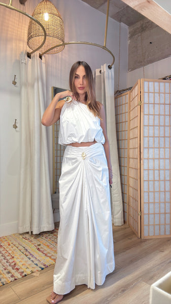 Naxos white one shoulder draped set