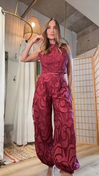 Chiara Burgundy Lace Pant Set