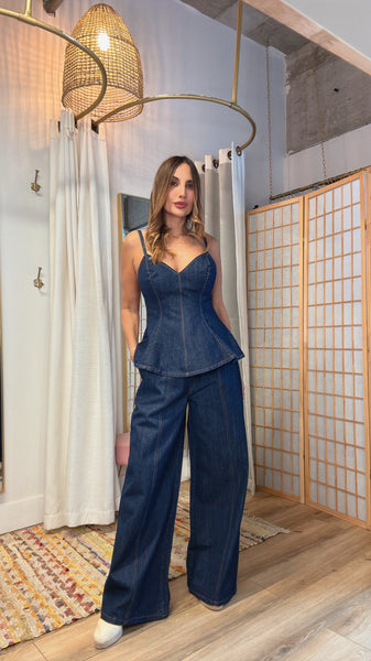 Marbella Denim Set – Dark Wash Peplum Top & Barrel Pants
