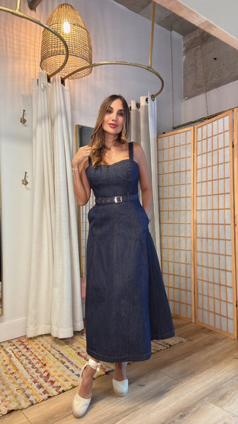 “Oslo Denim Dress – Dark Wash Belted A-Line