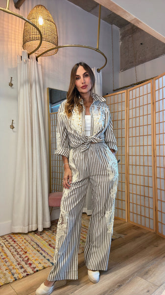 Valona Striped Set – Oversized Cotton Shirt & Pants with Lace Details