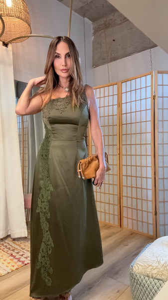 Alessandra Olive Satin Lace Maxi Dress