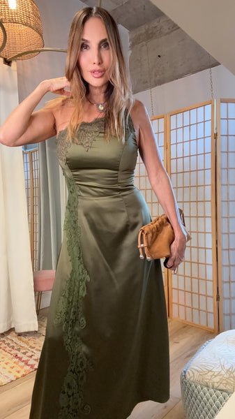 Alessandra Olive Satin Lace Maxi Dress