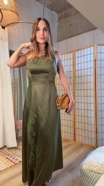 Alessandra Olive Satin Lace Maxi Dress
