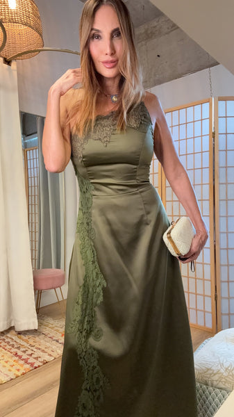 Alessandra Olive Satin Lace Maxi Dress