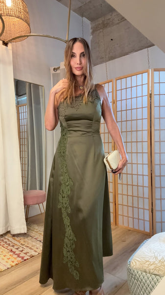 Alessandra Olive Satin Lace Maxi Dress