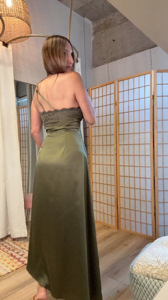 Alessandra Olive Satin Lace Maxi Dress