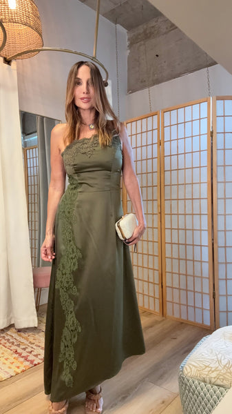 Alessandra Olive Satin Lace Maxi Dress