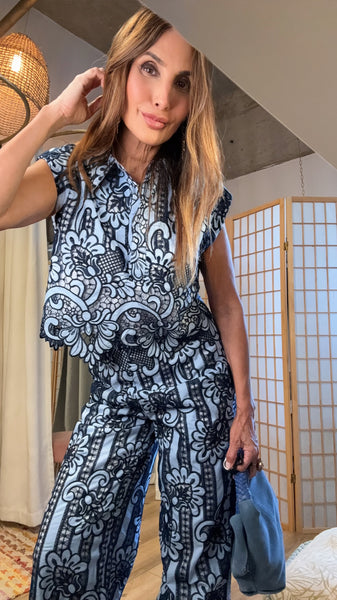 Noelle Blue & Navy Lace-Print Set